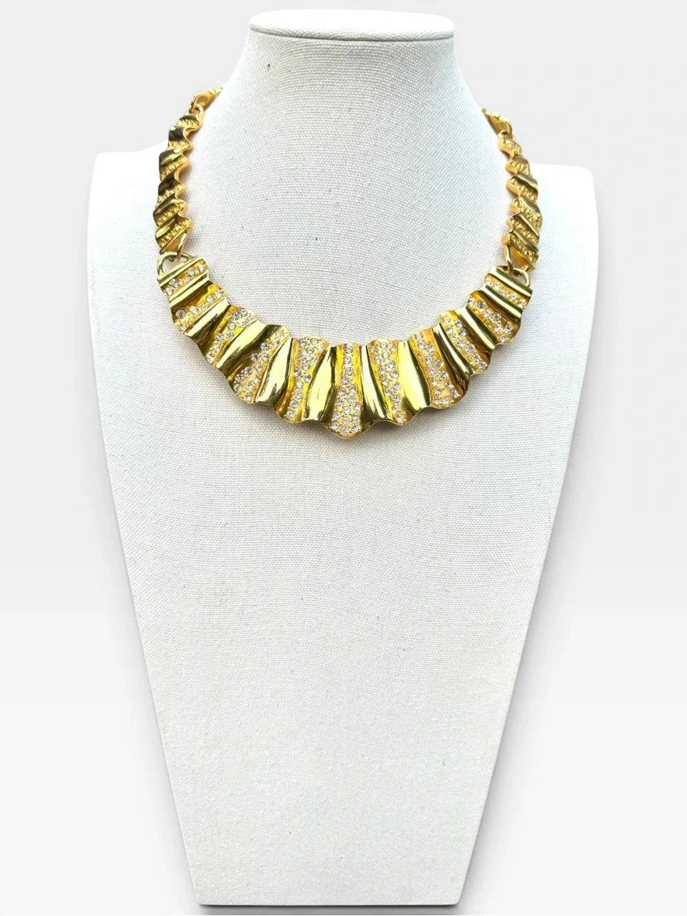 GIVENCHY Vintage Gold-tone Crystal Rhinestone Ripple Texture Statement Necklace
